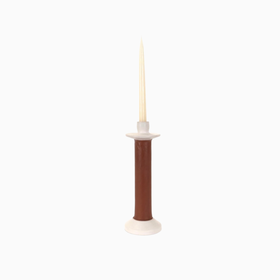 Large Leather Wrapped Candle Holder - White
