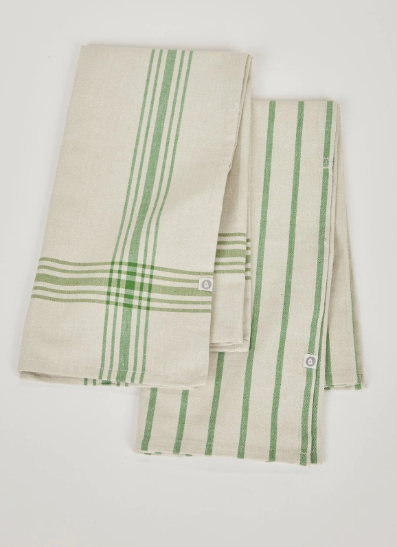 Green Striped Cotton Tea Towels, Set/2